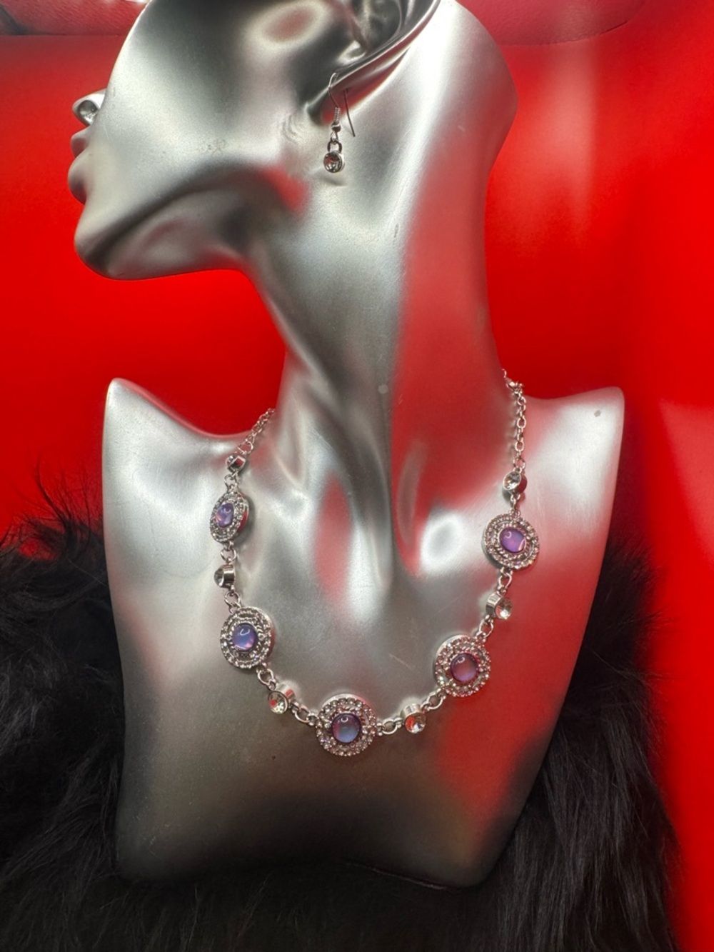 Silver Necklace with Purple Stone Halo Accents - Women Jewelry